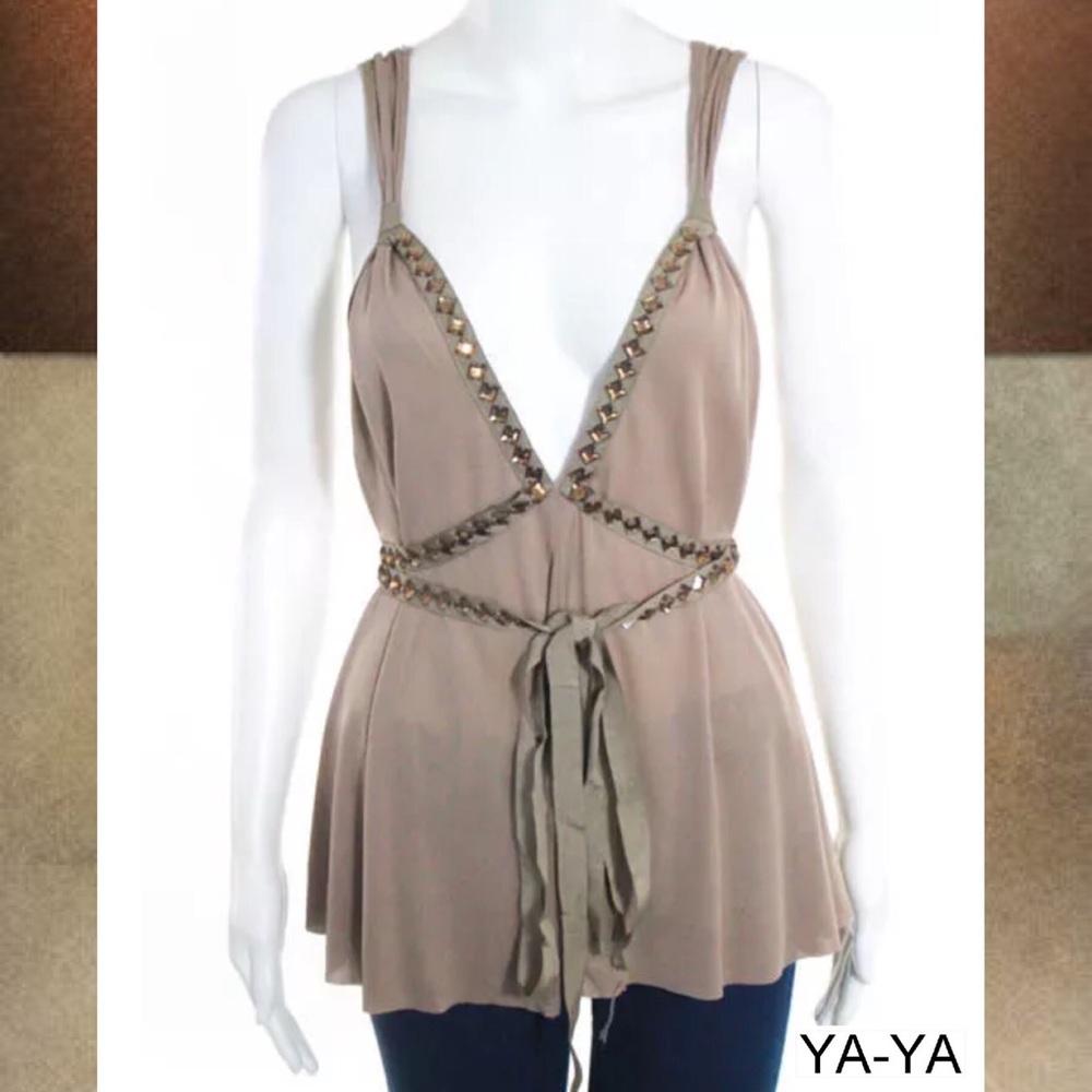 YA-YA Brown-Beige Copper Jeweled Criss-Cross Top